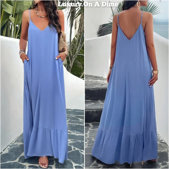 Oversized Pocket Casual Sleeveless V-Neck Low Back Long Summer Maxi Dress Blue - Picture 4 of 16